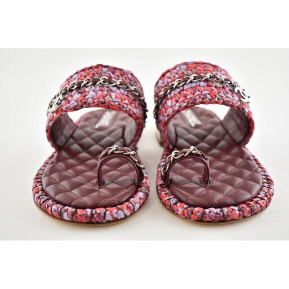 Chanel 20S Red Purple Raffia Tweed CC Chain Logo Mule Slide Strap Flat Sandal 36 - Picture 6 of 12